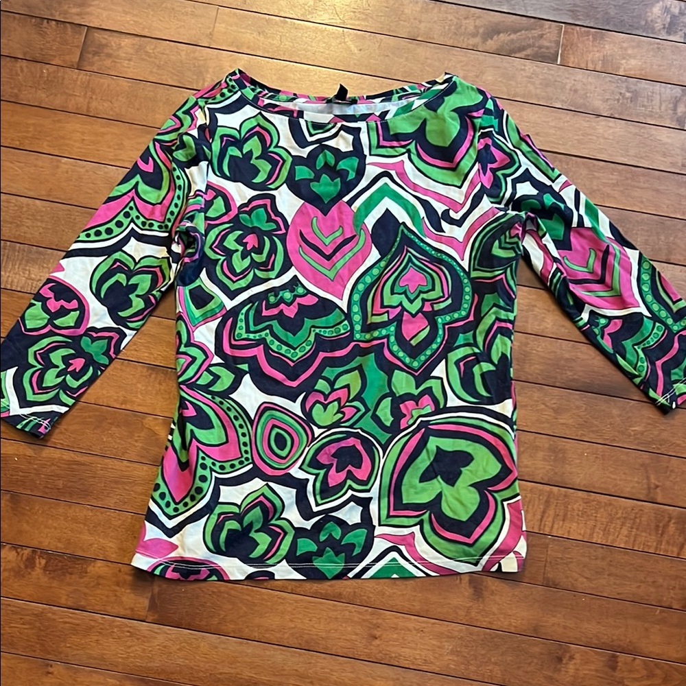 Talbots Pink and Green Graphic 3/4 Sleeve Blouse